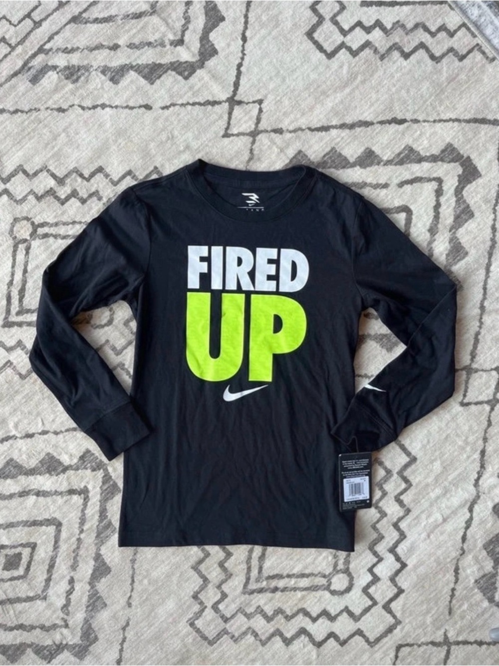 Nike Black Long-Sleeve Tee with Lime Green & White 'Fired Up' Graphic